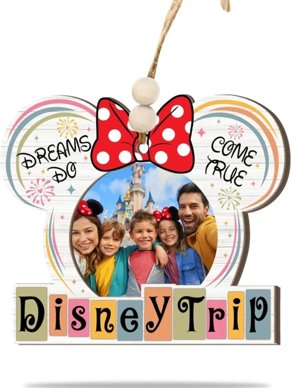 Rustic Family Vacation Photo Ornament - Ears with Bow, 'Dreams Do Come True'
